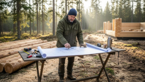 Finnish foreman reviewing log home plans outdoors