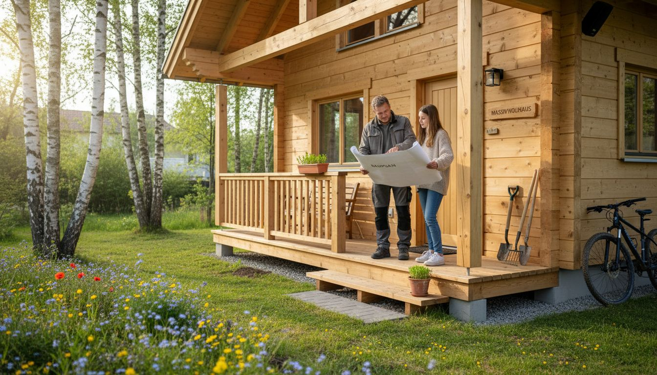 Ein modernes Massivholzhaus mit einer Familie, die entspannt auf der Veranda zusammensitzt.
