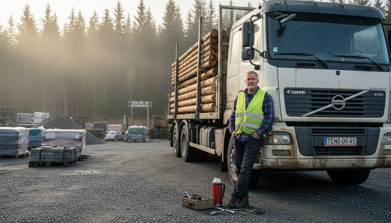 Lastebilsjåfør med tømmer på et avsidesliggende lager