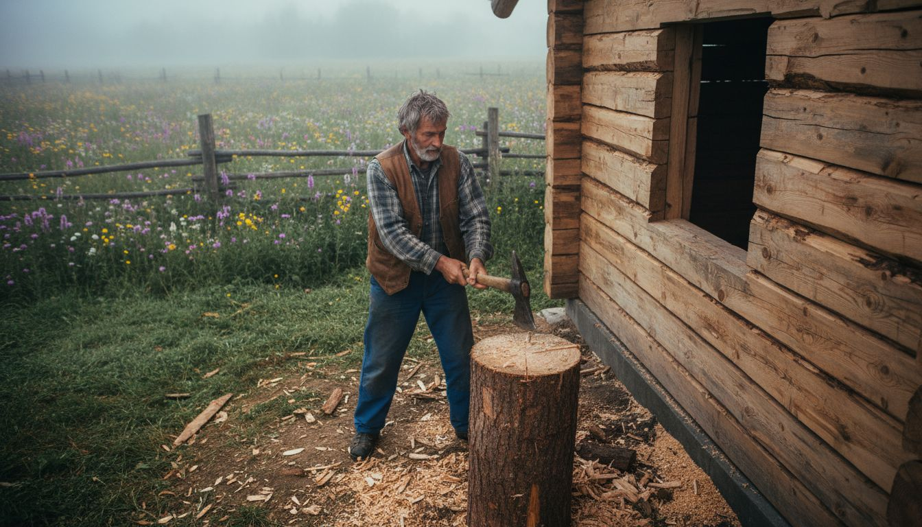 En skicklig hantverkare bearbetar stockar utanför en klassisk timmerstuga.
