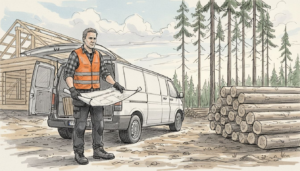 Arkkitehti käy arvioimassa modernin hirsitalokohteen työmaalla.