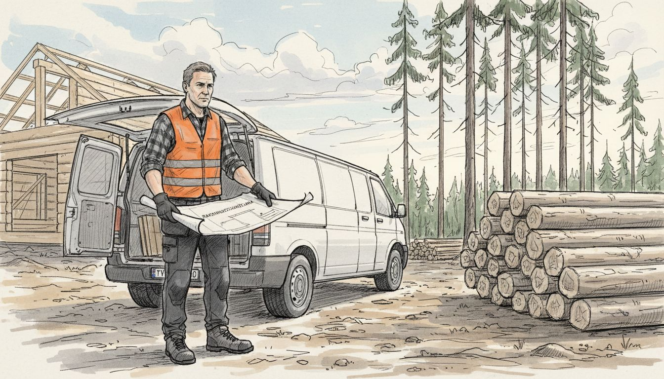 Arkkitehti käy arvioimassa modernin hirsitalokohteen työmaalla.