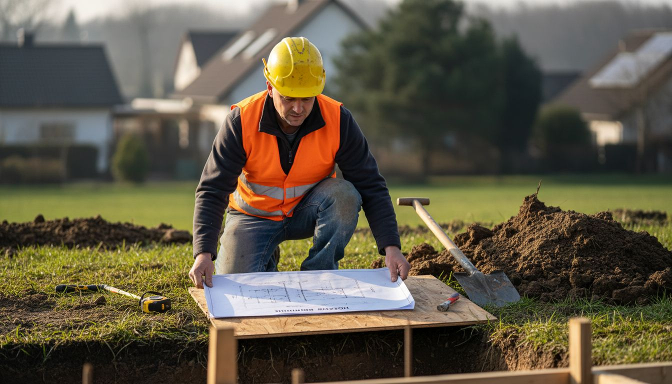 Ein Bauarbeiter begutachtet die Baupläne während der Arbeiten am Fundament.