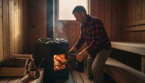 Person loading wood-burning sauna stove in cedar cabin