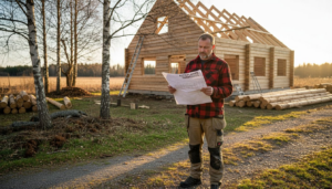 En man står utanför ett pågående bygge av ett timmerhus och studerar ritningarna.