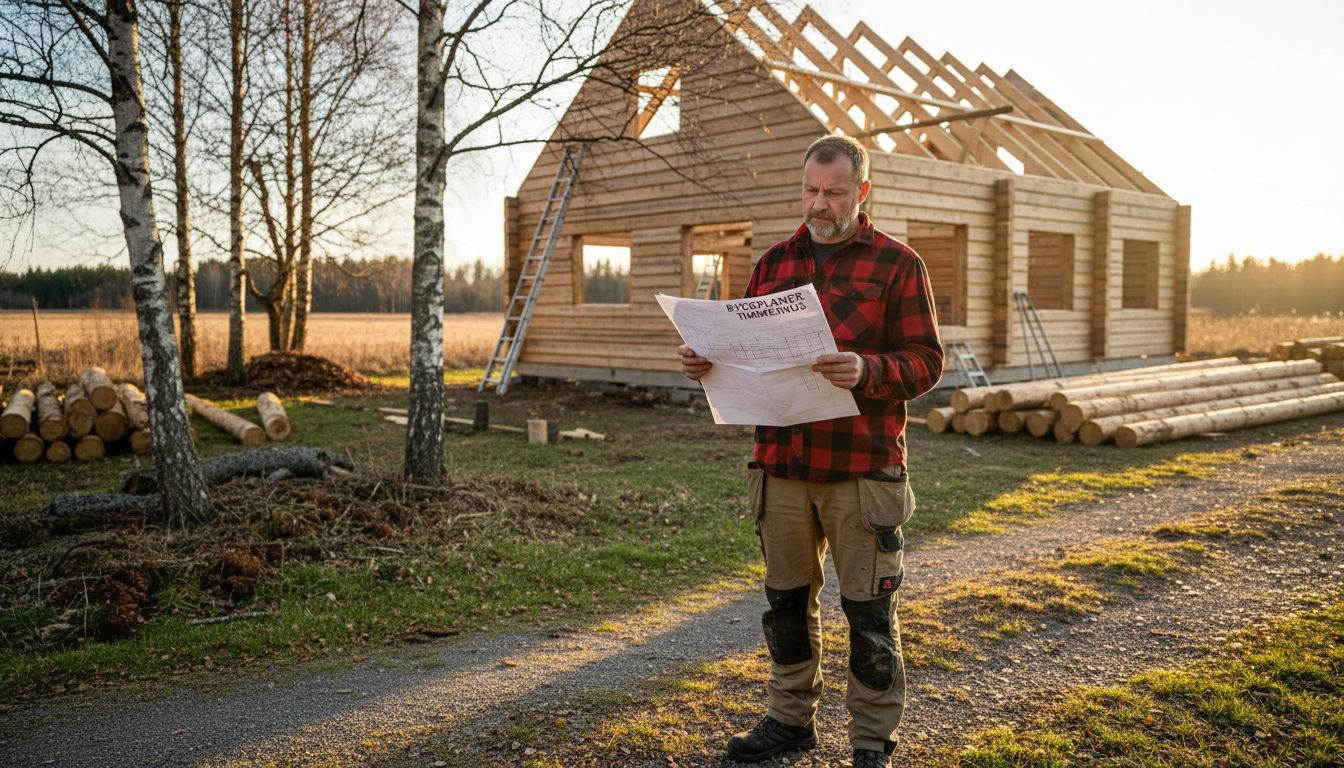 En man står utanför ett pågående bygge av ett timmerhus och studerar ritningarna.