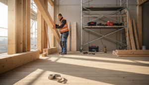 På byggeplassen er håndverkerne i full gang med å montere elementer i massivtre.