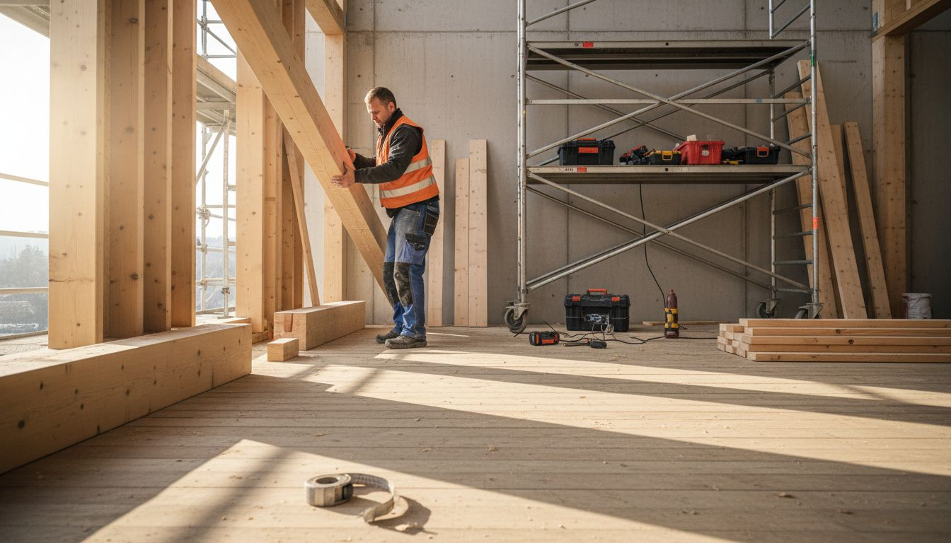 På byggeplassen er håndverkerne i full gang med å montere elementer i massivtre.