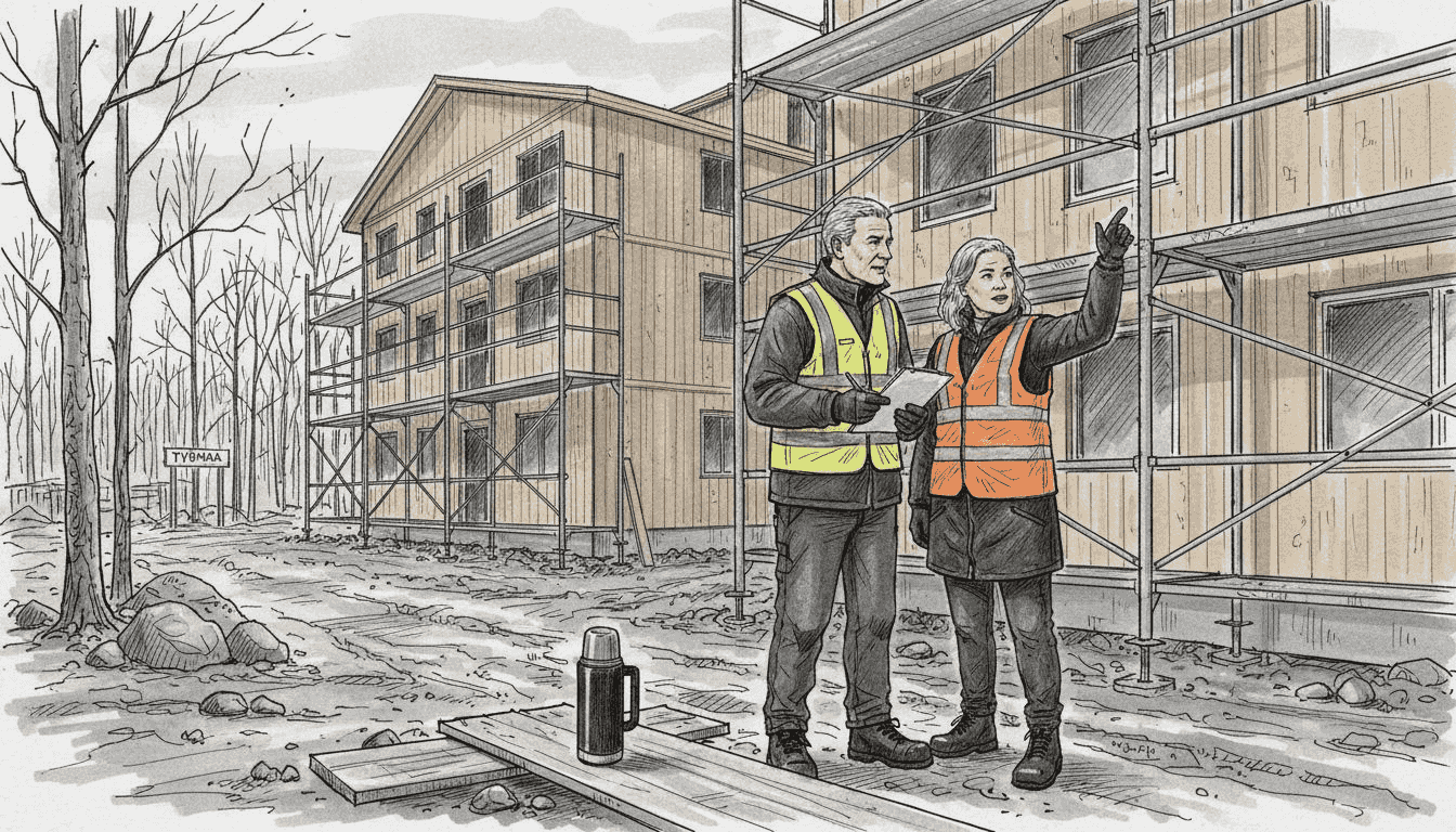 Tarkastajat arvioivat puurunkoisen rakennuksen työmaata