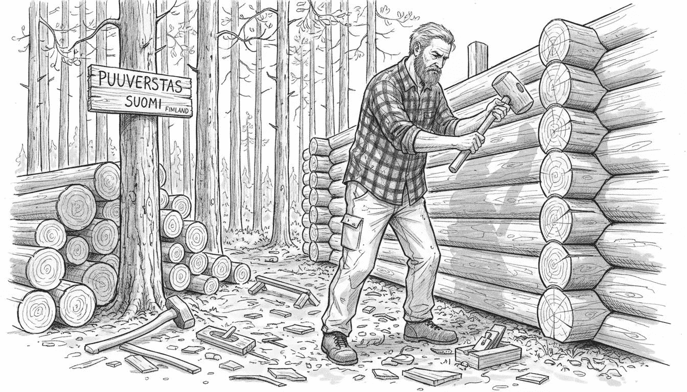 Puuseppä rakentamassa hirsiseinää ulkona