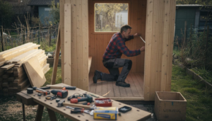 Ein Handwerker vermisst gerade die Holzsauna, die im Bau ist.