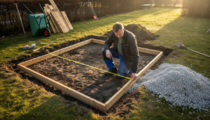 Man gör i ordning en plats i trädgården för att kunna installera ett utomhusspa.