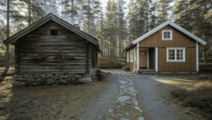 Tradisjonell tømmerhytte og moderne panelhytte