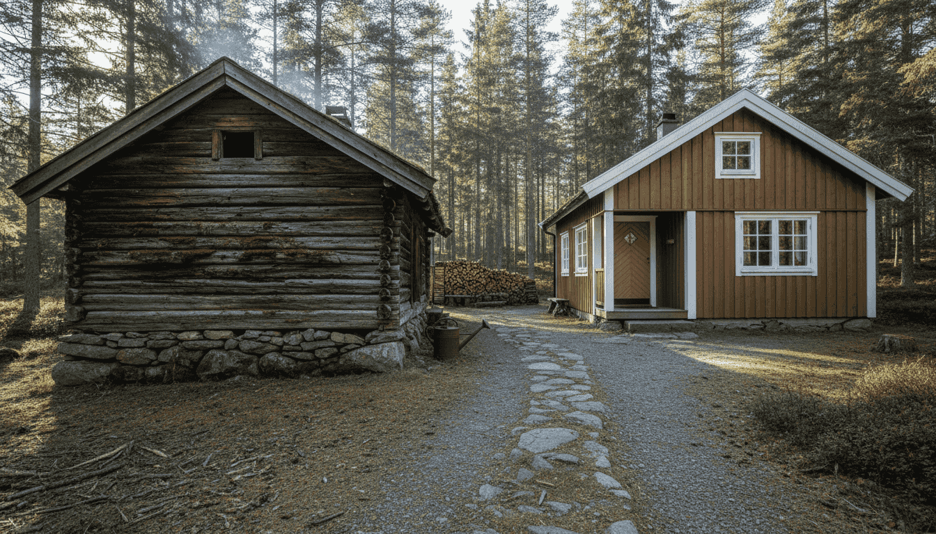 Tradisjonell tømmerhytte og moderne panelhytte