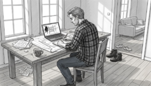 Mies käy läpi rakennusprojektin kustannuslaskelmia pöydän ääressä.