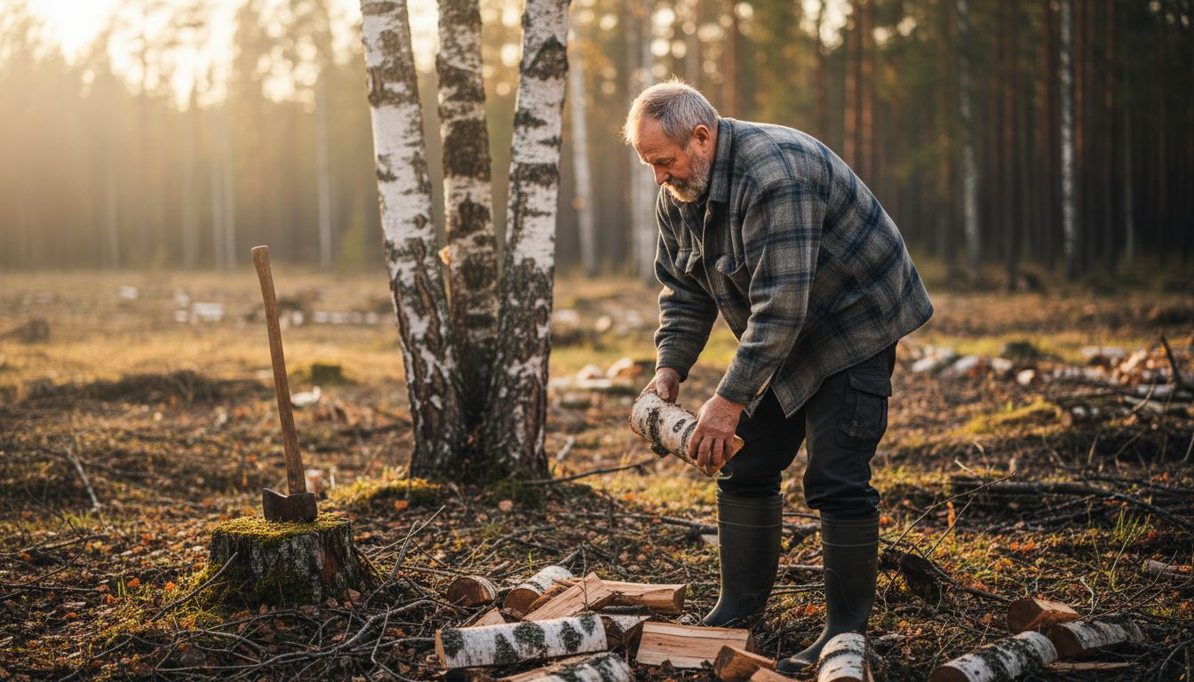 En finsk man staplar upp björkved i kanten av skogen.