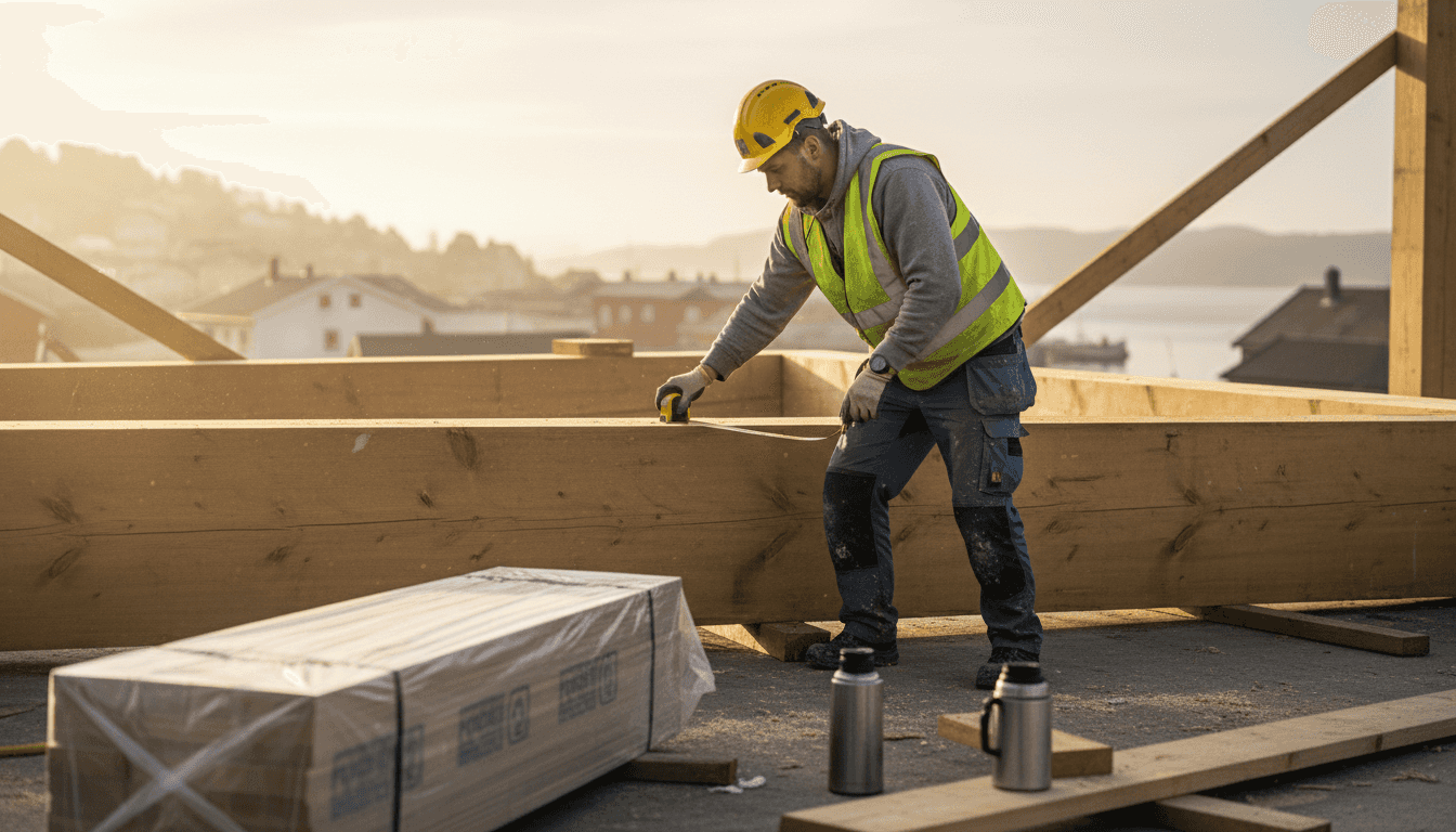 En bygningsarbeider sjekker over en trekonstruksjon ute på byggeplassen.