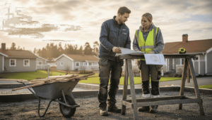 Två personer går igenom byggofferten tillsammans på platsen och diskuterar detaljerna.