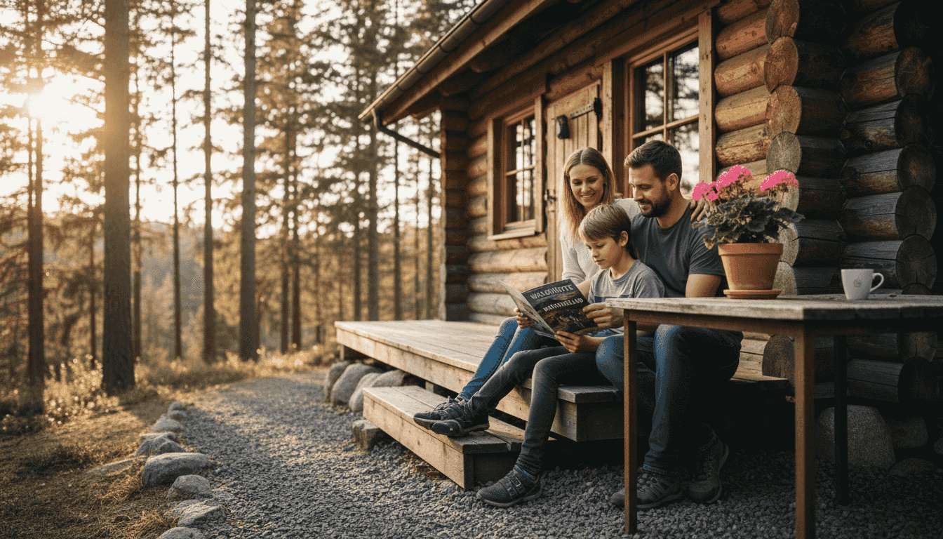 Familie auf Terrasse eines Naturstammhauses