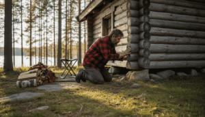 Traditional Finnish log sauna in forest setting