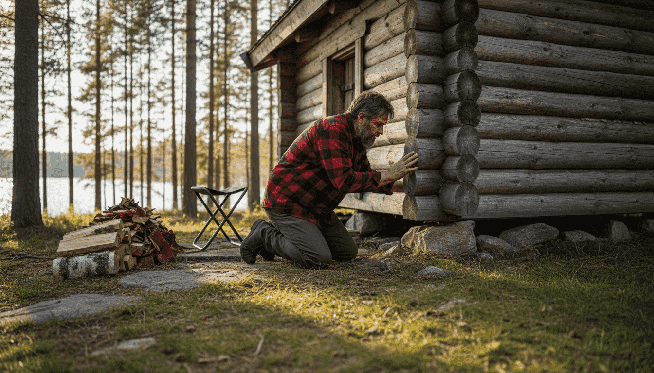Traditional Finnish log sauna in forest setting