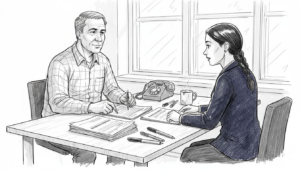 Rakennusurakoitsija käy läpi lupamuutoksia toimistolla yhdessä kollegojen kanssa.