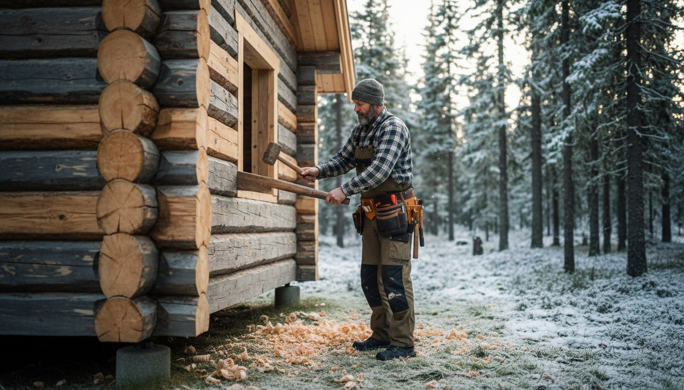 En snekker går grundig over en finsk trehytte utendørs.