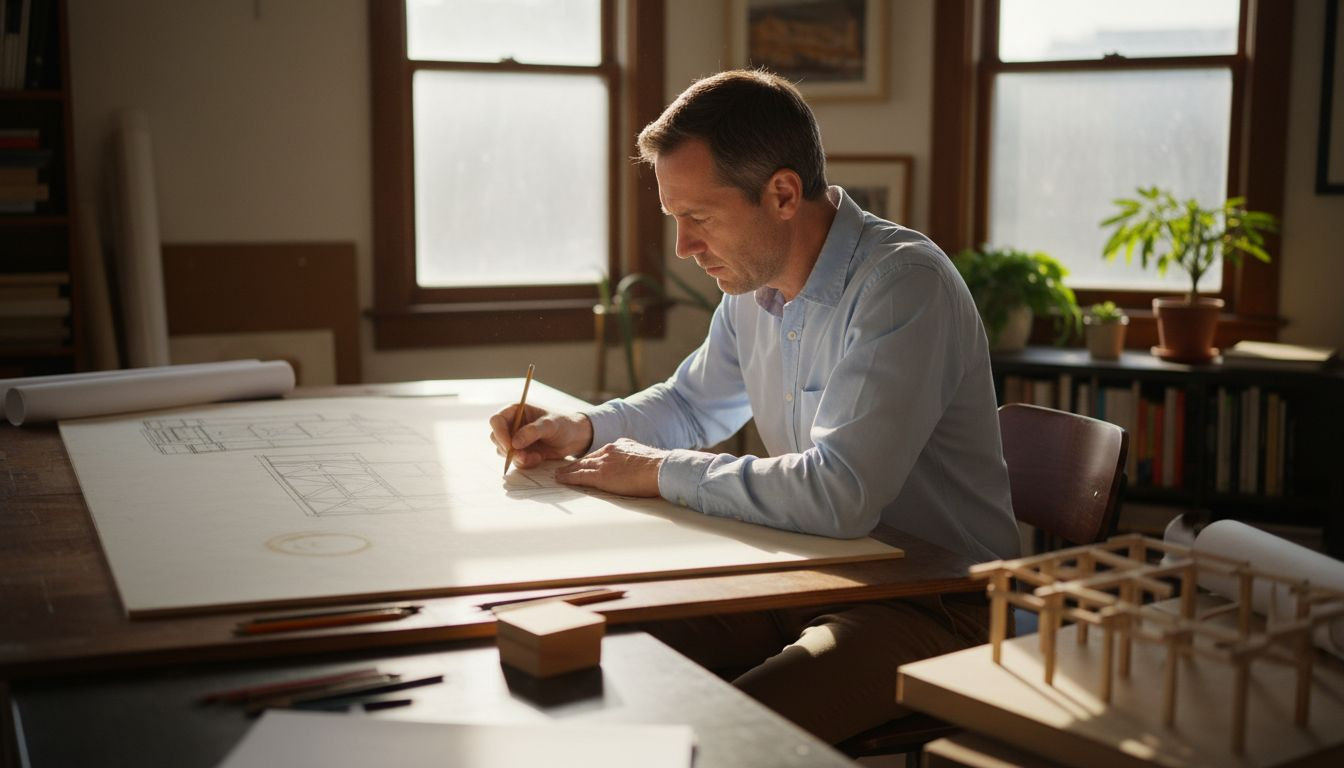 Architect sketching timber building draft