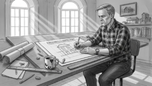 Arkkitehti luonnostelee hirsirungon rakennuspiirroksia