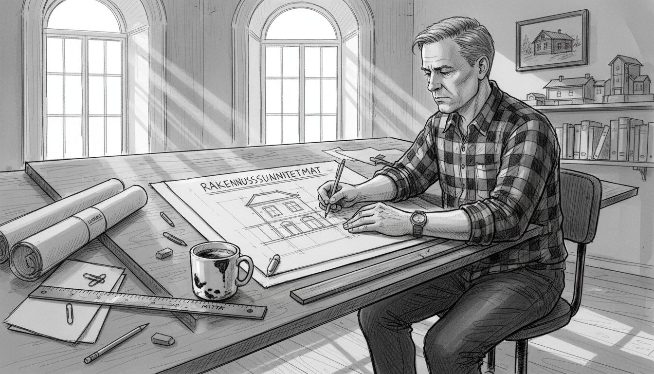 Arkkitehti luonnostelee hirsirungon rakennuspiirroksia