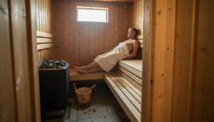 Man relaxing in a wood-paneled Finnish sauna