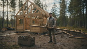 Ein Bauarbeiter bearbeitet Holz auf einer finnischen Baustelle.