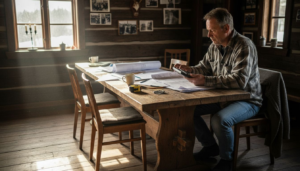 Mann ser gjennom finansieringsdokumenter for tømmerhytte