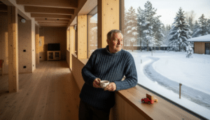 En man står i sitt trähus och blickar ut genom ett väl isolerat fönster.