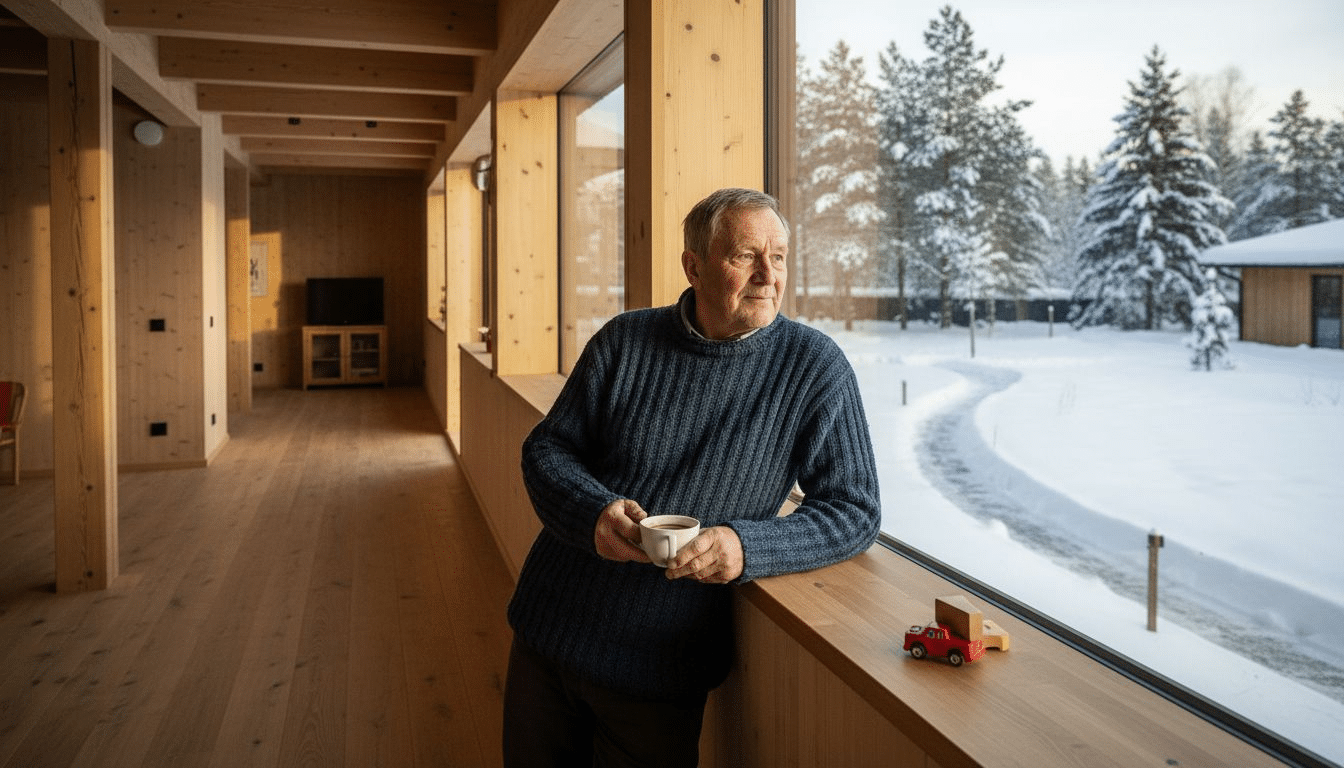En man står i sitt trähus och blickar ut genom ett väl isolerat fönster.