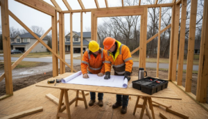 Timber frame home under construction site view
