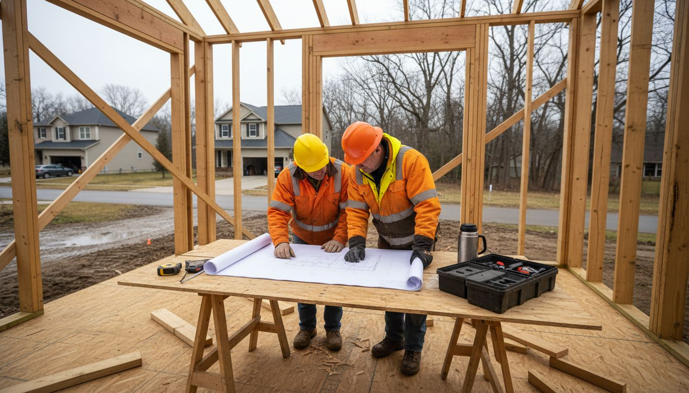 Timber frame home under construction site view