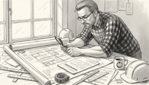 Rakennusmestari käy läpi tarjouspyyntöä piirustusten äärellä ja varmistaa, että kaikki yksityiskohdat täsmäävät.
