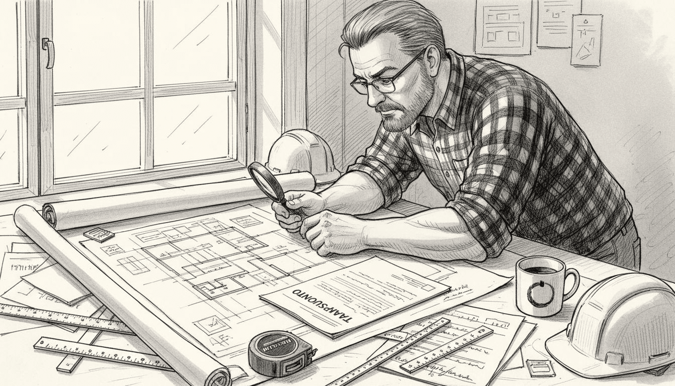 Rakennusmestari käy läpi tarjouspyyntöä piirustusten äärellä ja varmistaa, että kaikki yksityiskohdat täsmäävät.