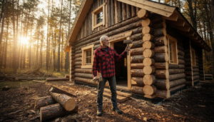 Ein Handwerker begutachtet ein Blockhaus mitten im Wald.