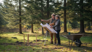 Couple reviewing log sauna site outdoors
