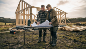Et par står ved hyttetomta og går nøye gjennom plantegningene før byggingen starter.