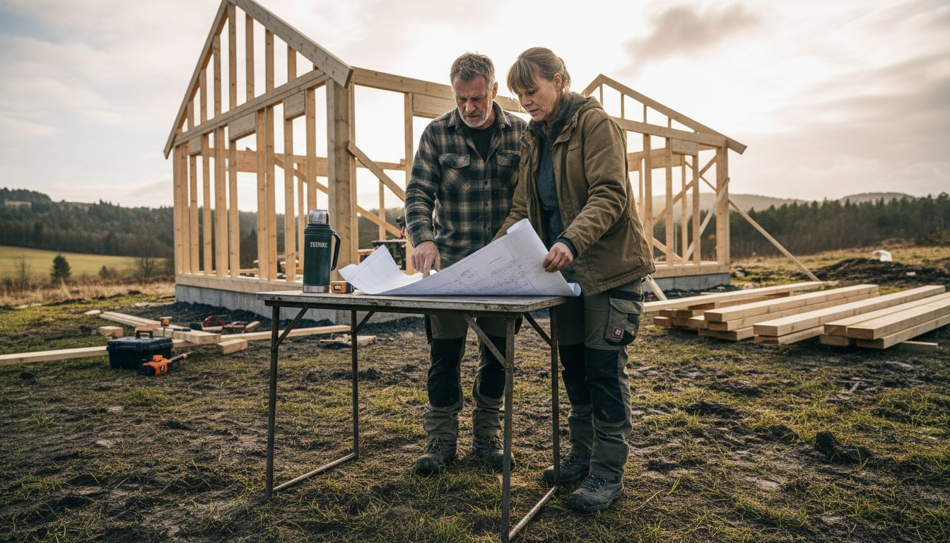 Et par står ved hyttetomta og går nøye gjennom plantegningene før byggingen starter.
