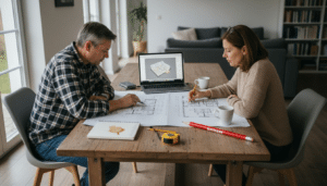 Ein Paar sitzt am Küchentisch und nimmt gemeinsam die Baupläne unter die Lupe.