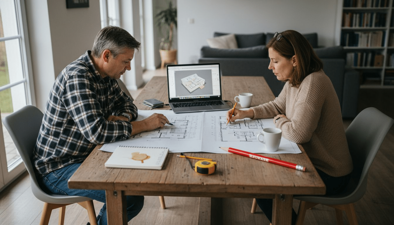 Ein Paar sitzt am Küchentisch und nimmt gemeinsam die Baupläne unter die Lupe.