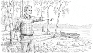 Mies suunnittelee saunan sijoittelua järvenrantatontilleen