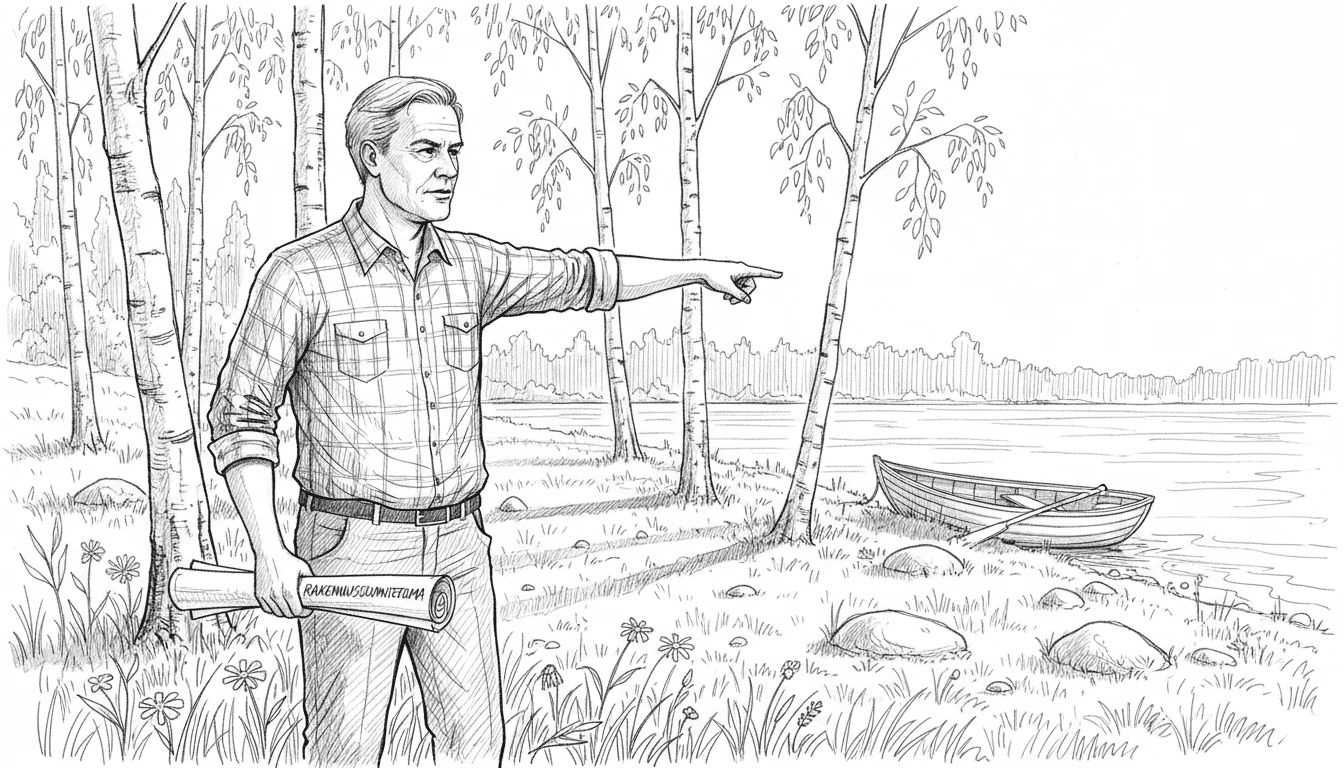 Mies suunnittelee saunan sijoittelua järvenrantatontilleen