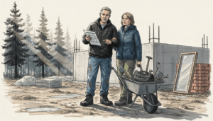 Pariskunta käy läpi rakennuspiirustuksia tulevan kotinsa työmaalla.