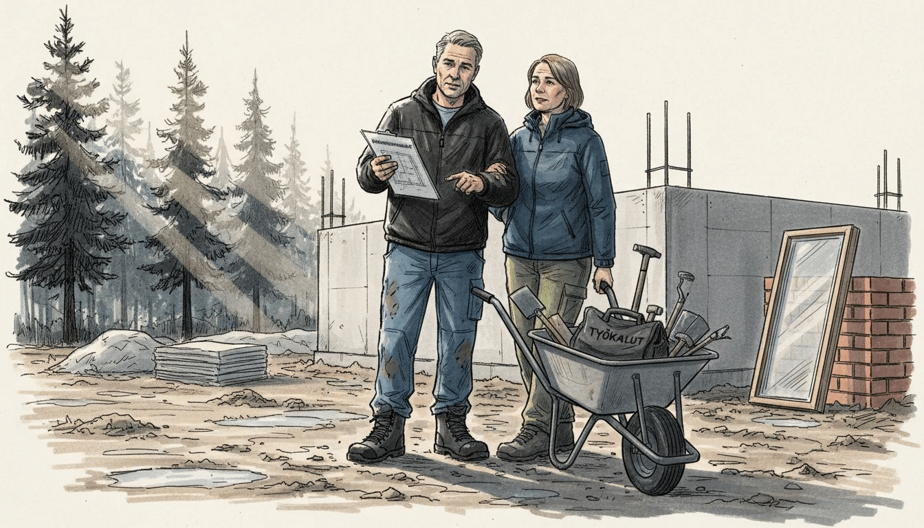 Pariskunta käy läpi rakennuspiirustuksia tulevan kotinsa työmaalla.