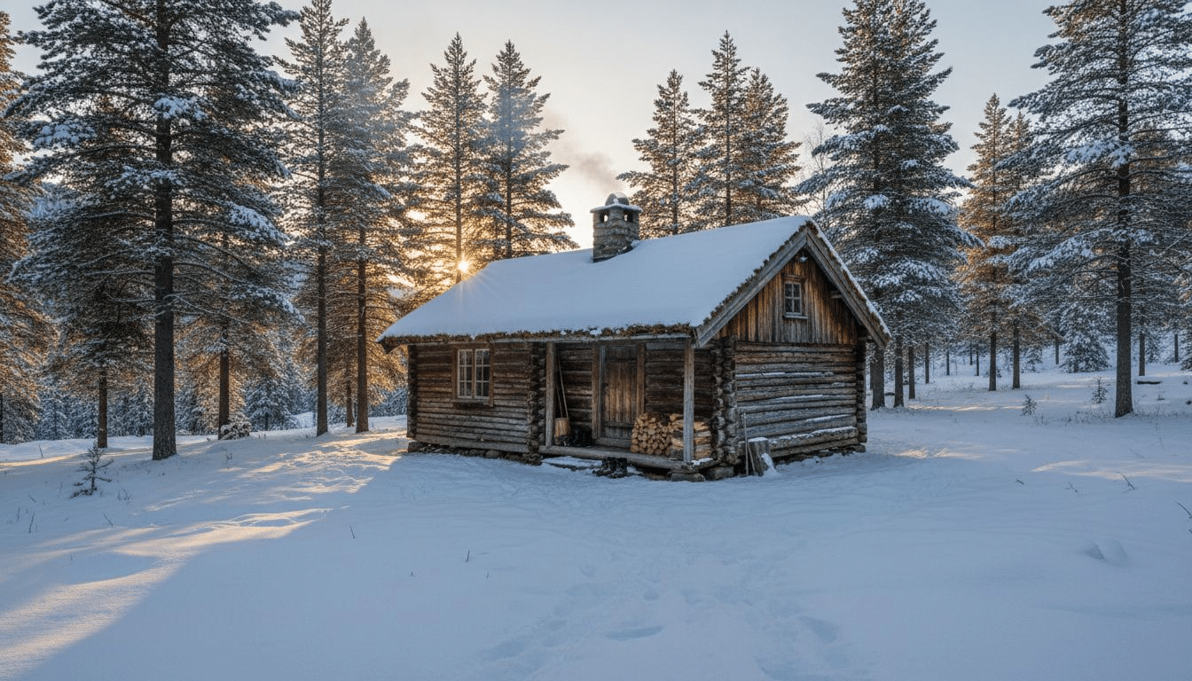 Et klassisk norsk tømmerhus omkranset av snødekte grantrær i vinterskogen.